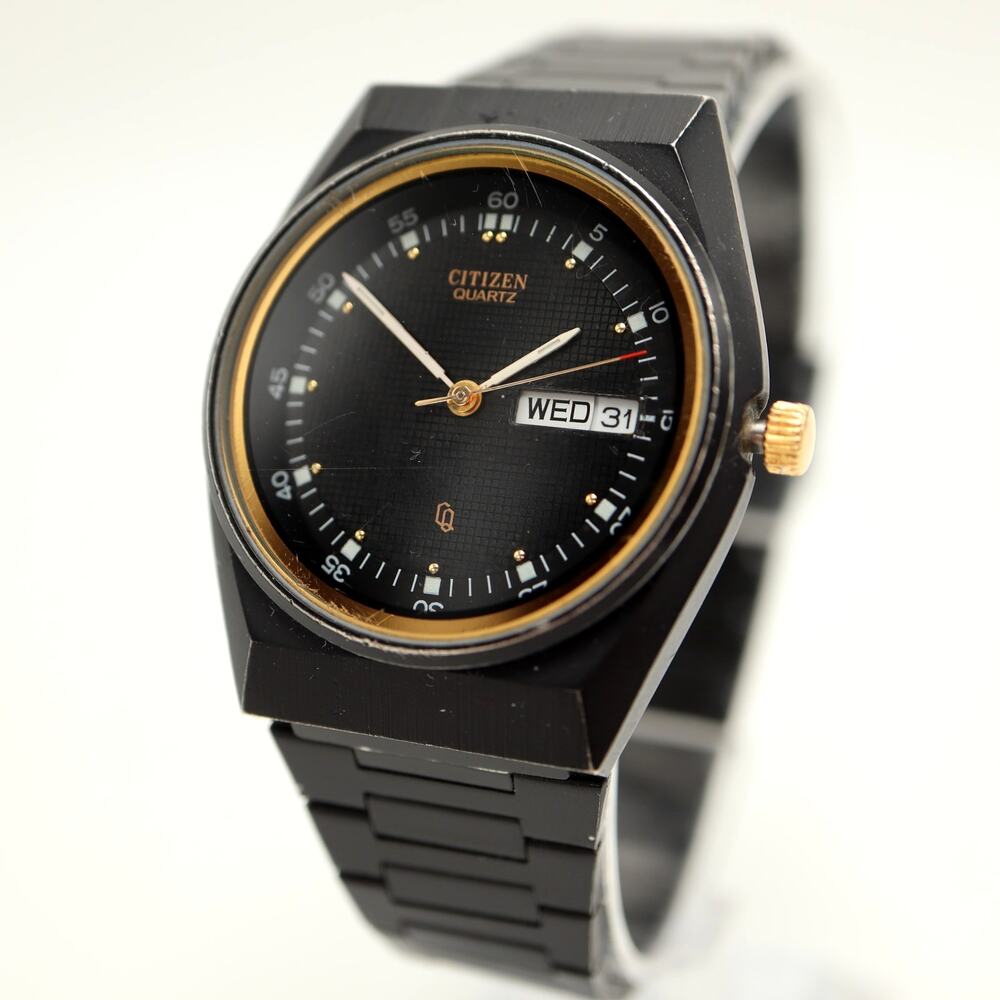 Vintage Citizen CQ Black PVD Unisex 36mm Day Date Watch Steel w New Battery